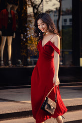 Silk Draped Midi Dress with Off-Shoulder Detail and Thigh-High Front Slit
